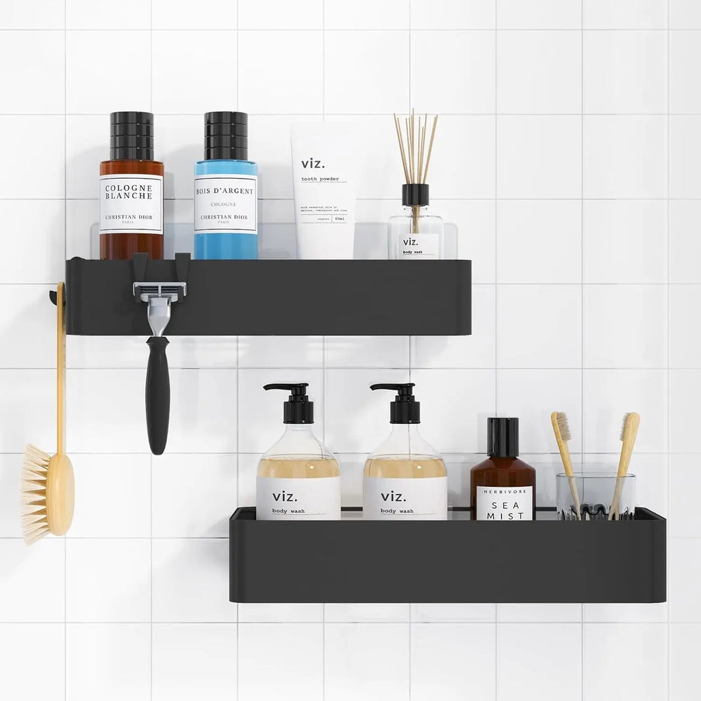 2-Pack Adhesive Shower Organizer, Rustproof Metal Shelves, No-Drill Bathroom Storage, Black Large