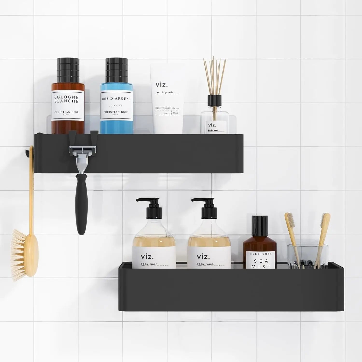 2-Pack Adhesive Shower Organizer, Rustproof Metal Shelves, No-Drill Bathroom Storage, Black Large