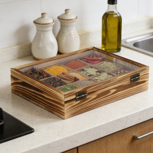 12 Compartments Wooden Spice Box, Retro Spice Fit Box, Spice Container for Storing Spices & Herbs, Multipurpose Decorative Boxes