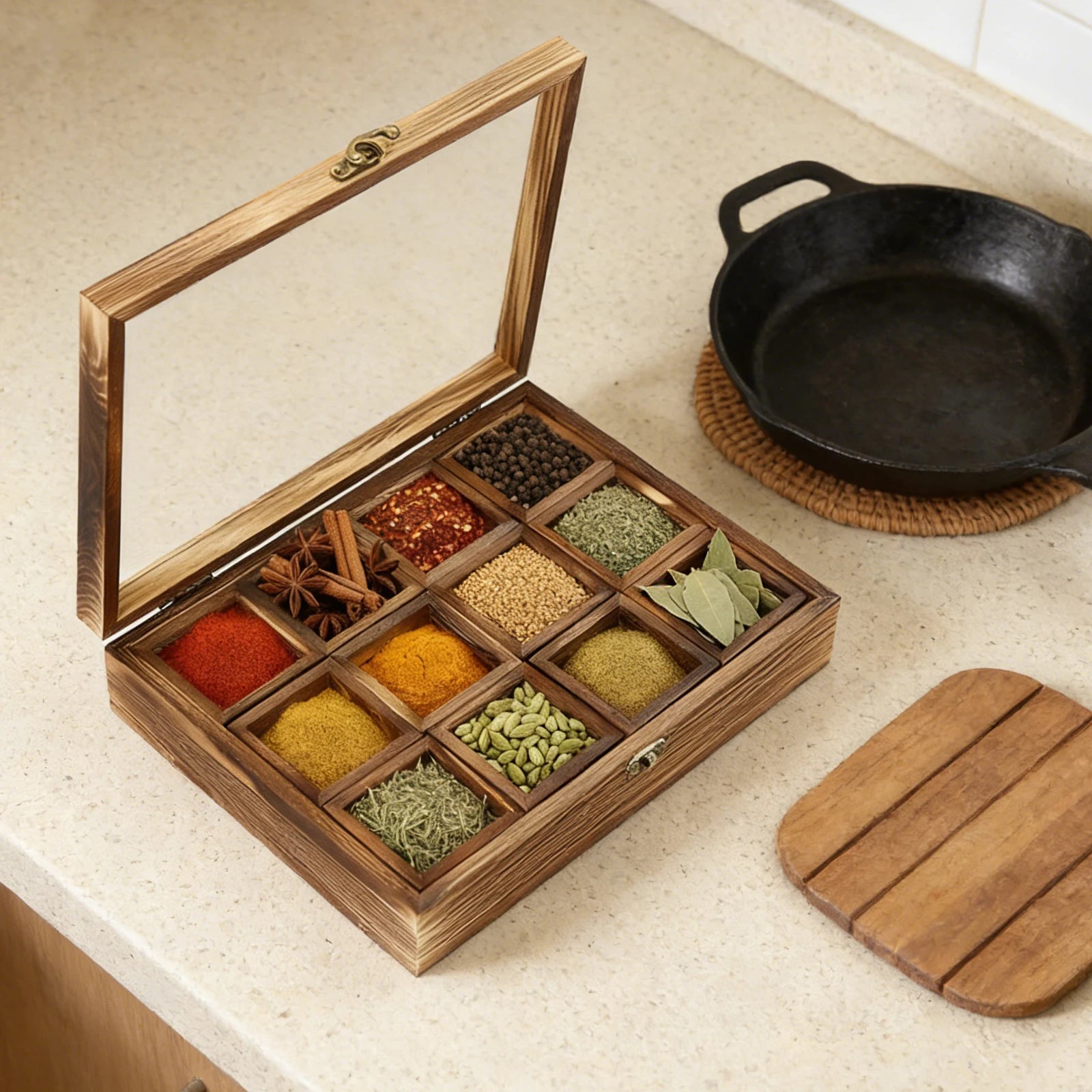 12 Compartments Wooden Spice Box, Retro Spice Fit Box, Spice Container for Storing Spices & Herbs, Multipurpose Decorative Boxes